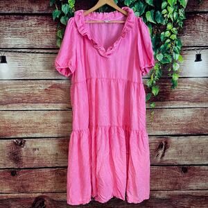 Crown & Ivy Pink Tiered Midi Dress XXL 2XL Sleeves Bubblegum Barbie Sundress